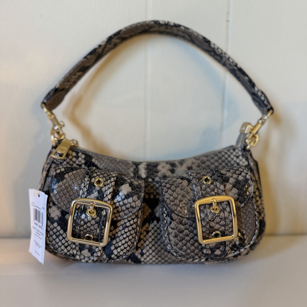 NWT Coach Ashton Baguette Shoulder Bag Snake Print Leather Mushroom Multi CCE38